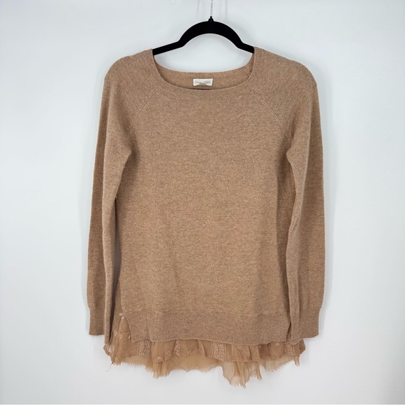 Garnet Hill Cashmere Camel Layered Boho Minimalist Sweater - Picture 1 of 5